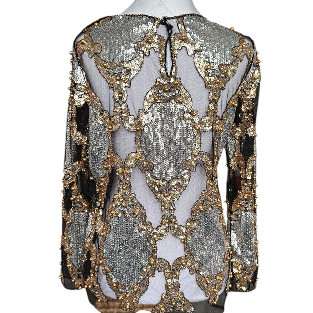 Sequin Lace Mesh Long Sleeve Shirt Top O-Neck - Picture 3 of 8